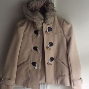 Tan faux fur hooded toggle coat